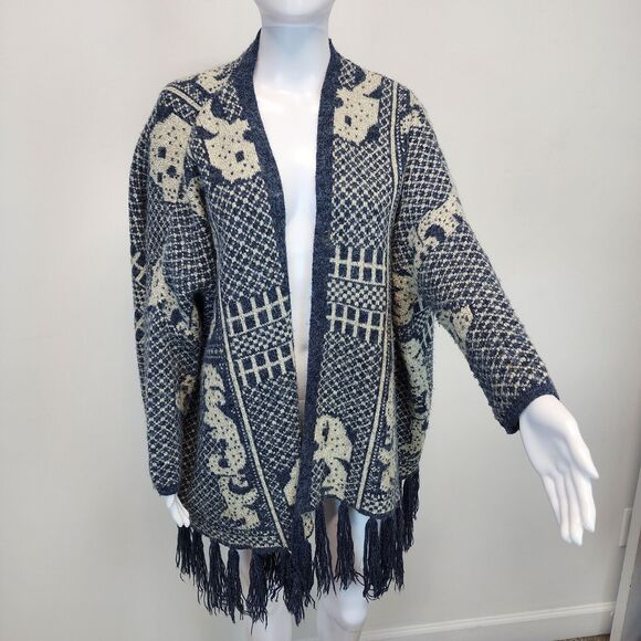 En Ceme Fringe Cardigan Poncho Sweater Size M Relaxed Fit Blue Long Sleeve Boho - Picture 6 of 16